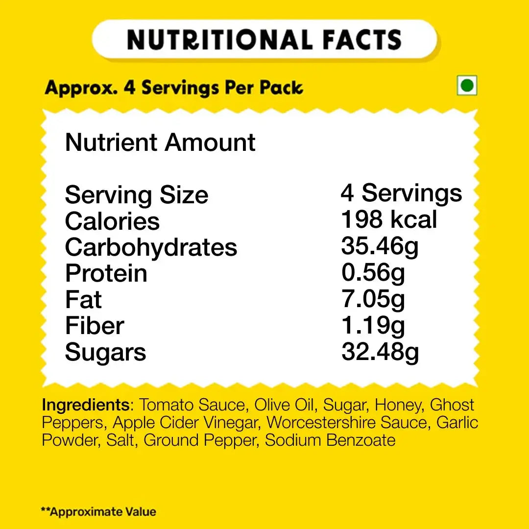 Nutritional facts label with calories, carbs, protein, fat, fiber, sugars and ingredients like tomato sauce and ghost peppers
