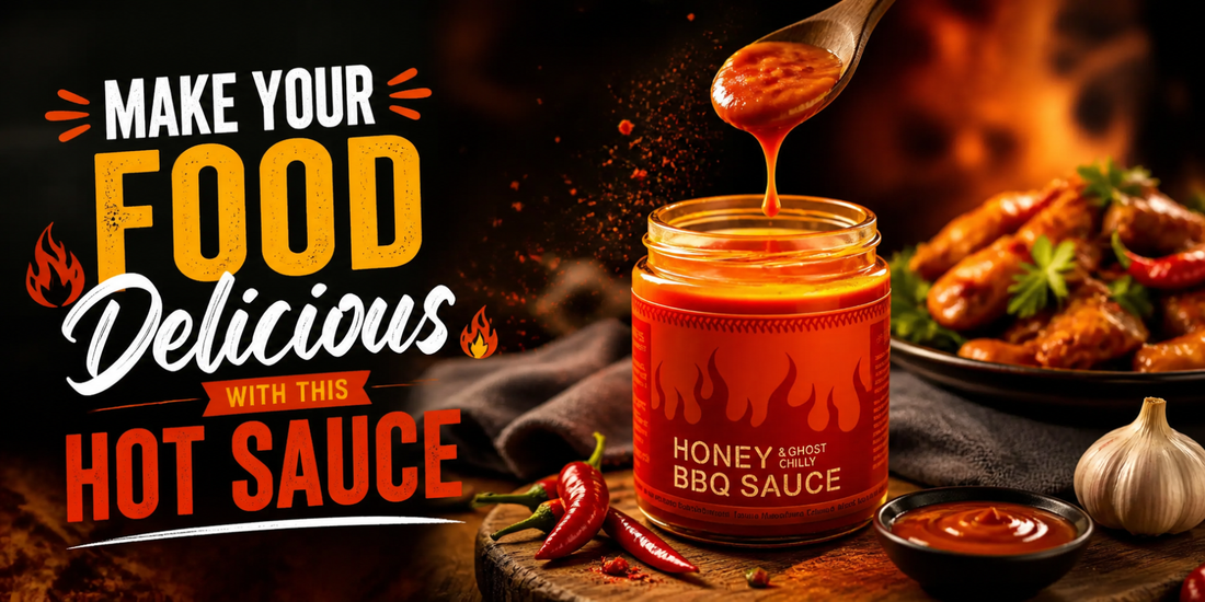 Honey ghost chili BBQ hot sauce banner with spicy food