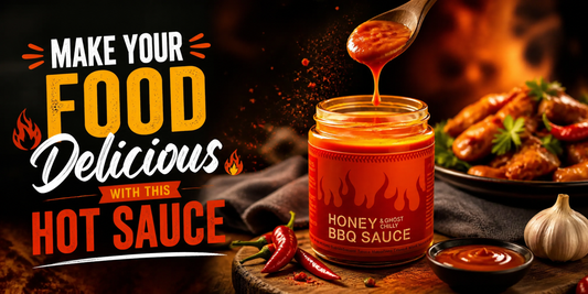 Honey ghost chili BBQ hot sauce banner with spicy food