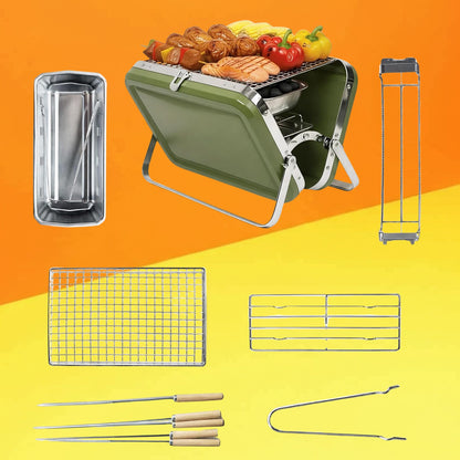 Heavy Duty Portable Charcoal BBQ Grill (Briefcase Style) – Green | Free Skewers (Pack of 5) | Ideal for House Parties, Camping & Picnics