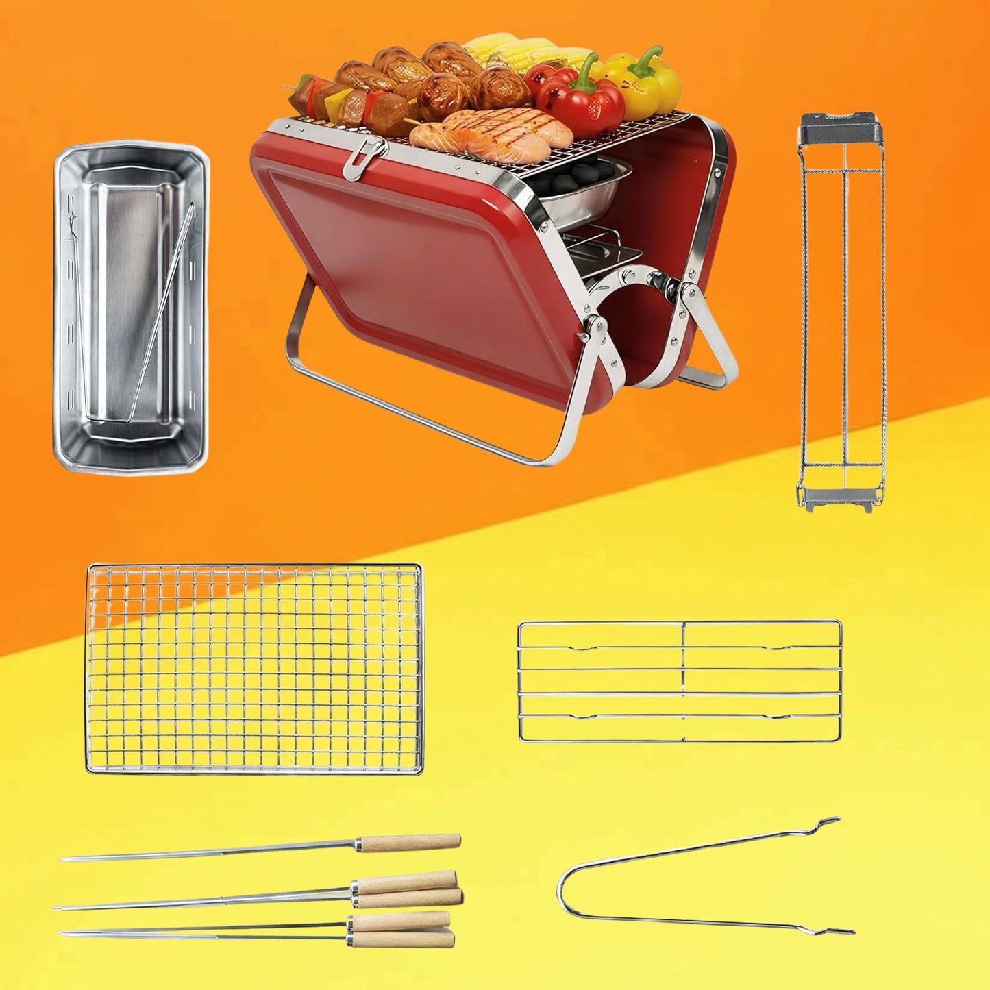 Heavy Duty Portable Charcoal BBQ Grill (Briefcase Style) – Red | Free Skewers (Pack of 5) | Ideal for House Parties, Camping & Picnics