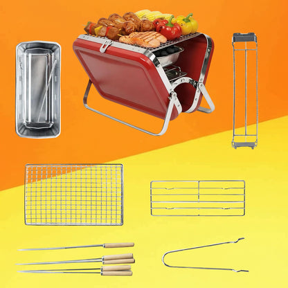 Heavy Duty Portable Charcoal BBQ Grill (Briefcase Style) – Red | Free Skewers (Pack of 5) | Ideal for House Parties, Camping & Picnics