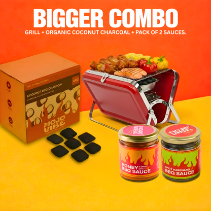 BBQ grill set with organic coconut charcoal and two BBQ sauce jars on a bright background