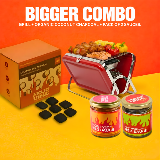 BBQ grill set with organic coconut charcoal and two BBQ sauce jars on a bright background