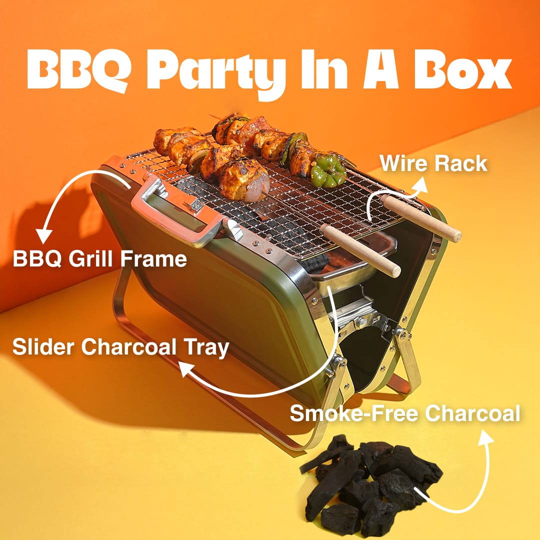 Portable grill set with accessories on a yellow and orange background,color_green