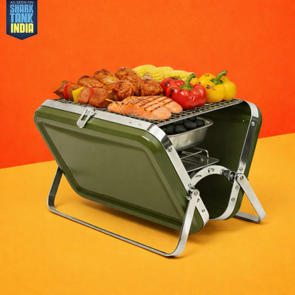 Heavy Duty Portable Charcoal BBQ Grill (Briefcase Style) - Green | Ideal for House Parties, Camping, & Picnics