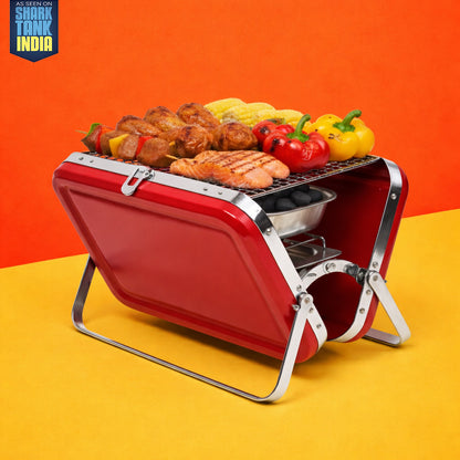 Heavy Duty Portable Charcoal BBQ Grill (Briefcase Style) - Red | Ideal for House Parties, Camping, & Picnics